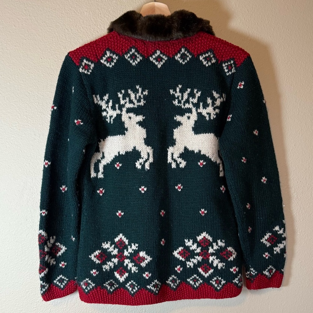 Ralph Lauren Vtg Sweater Cardigan Hand Knit Wool Green Red Holiday Fur Small - Picture 3 of 4
